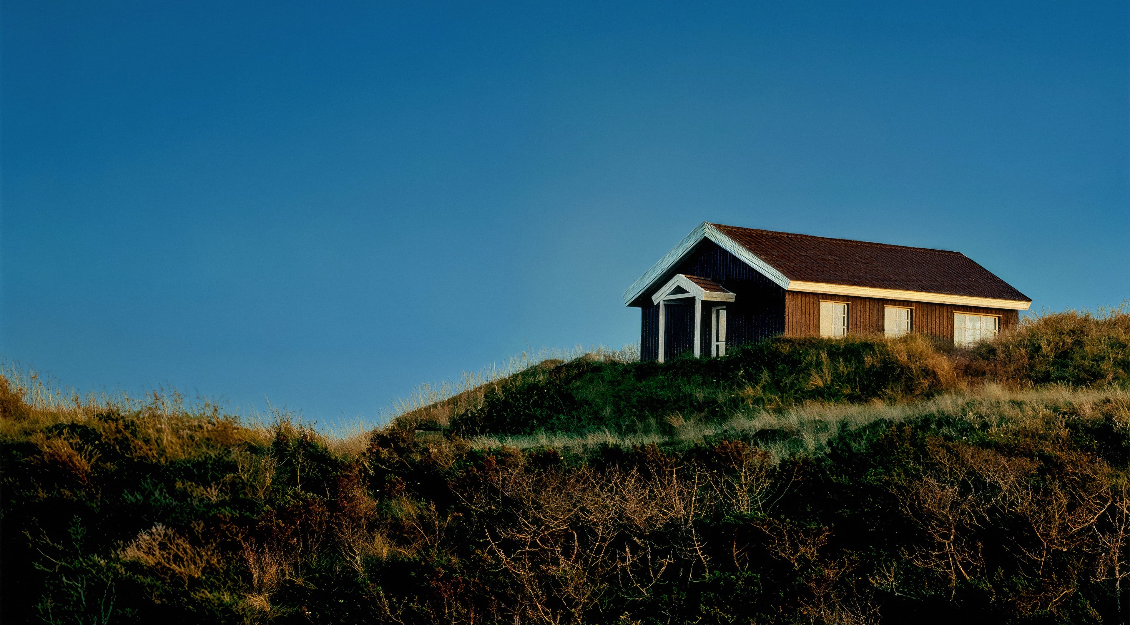 A home standing above a windswept coastal field